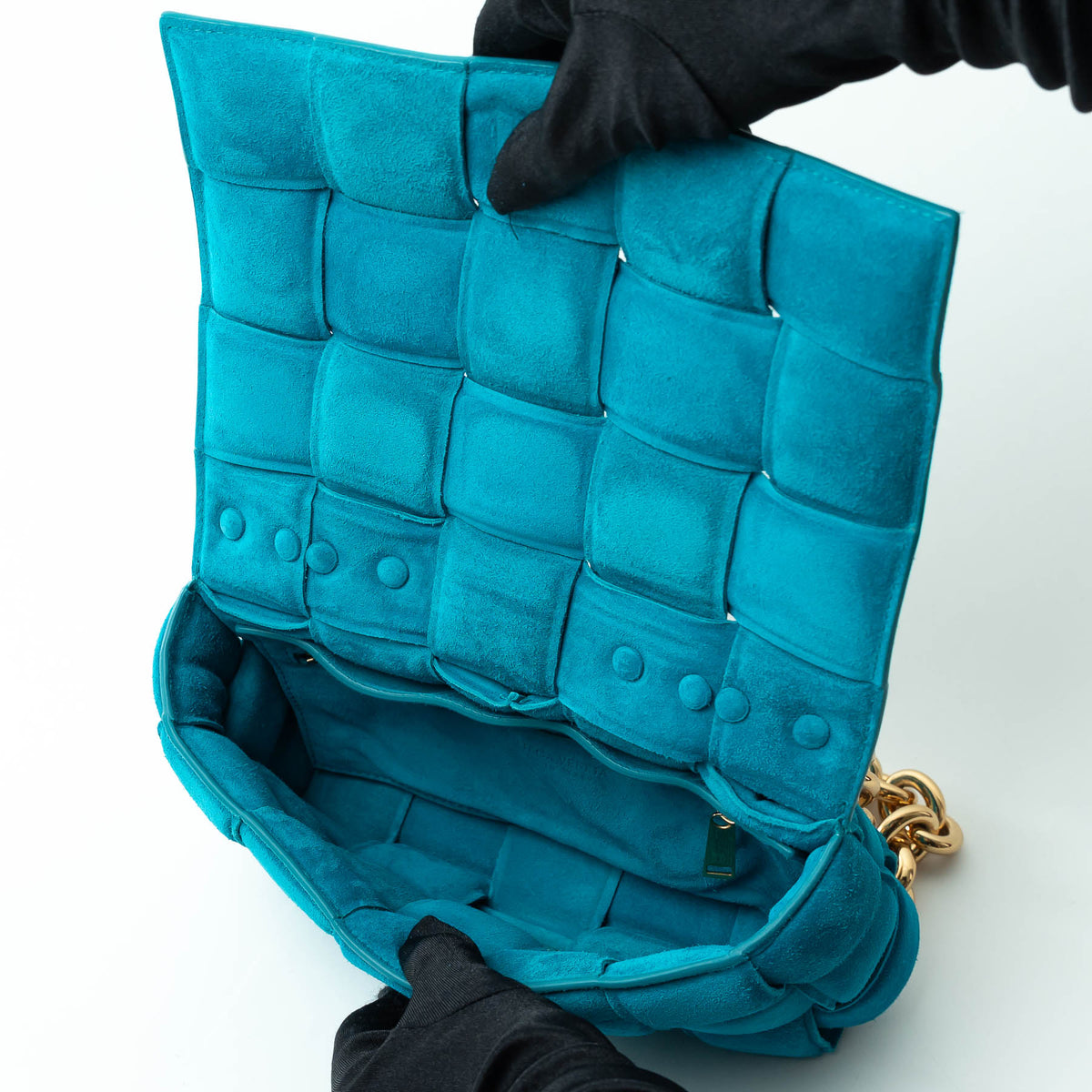Bottega Veneta Teal Suede Intrecciato Chain Cassette Bag