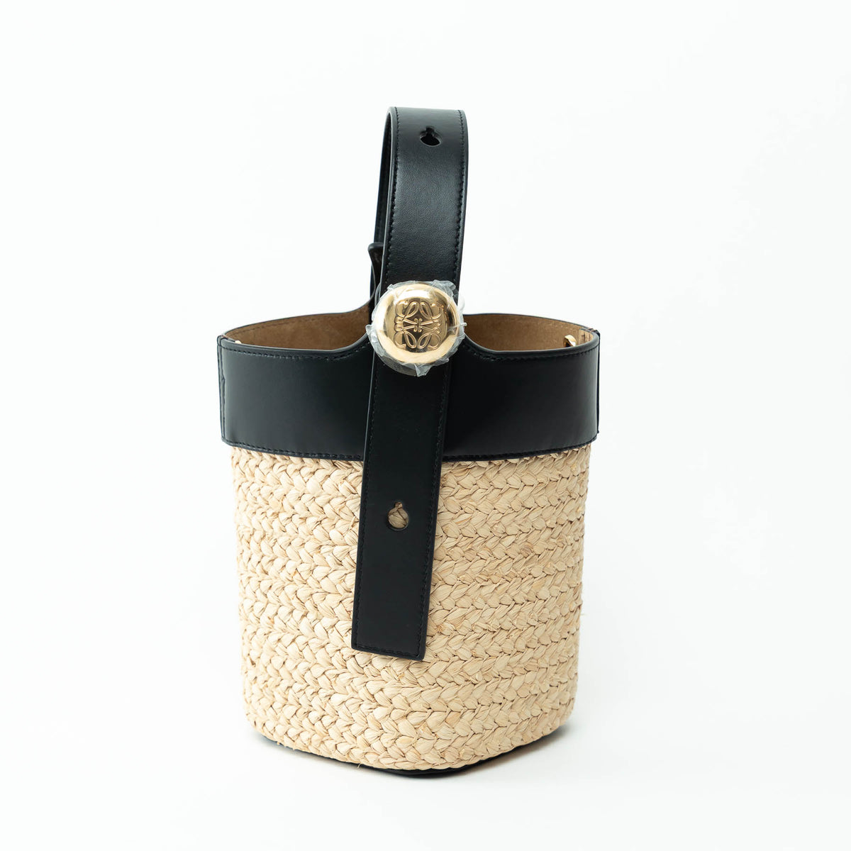 Loewe Raffia and Black Calfskin Leather Mini Pebble Bucket Bag