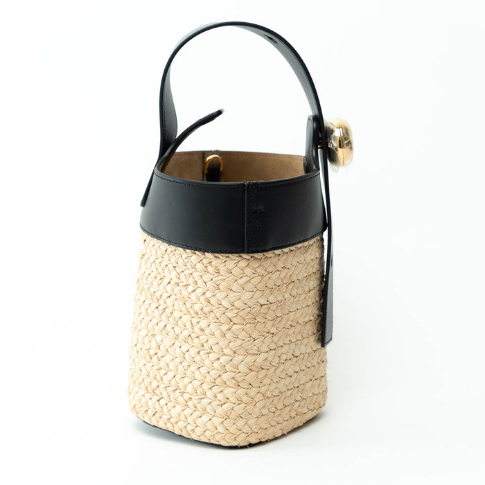 Loewe Raffia and Black Calfskin Leather Mini Pebble Bucket Bag