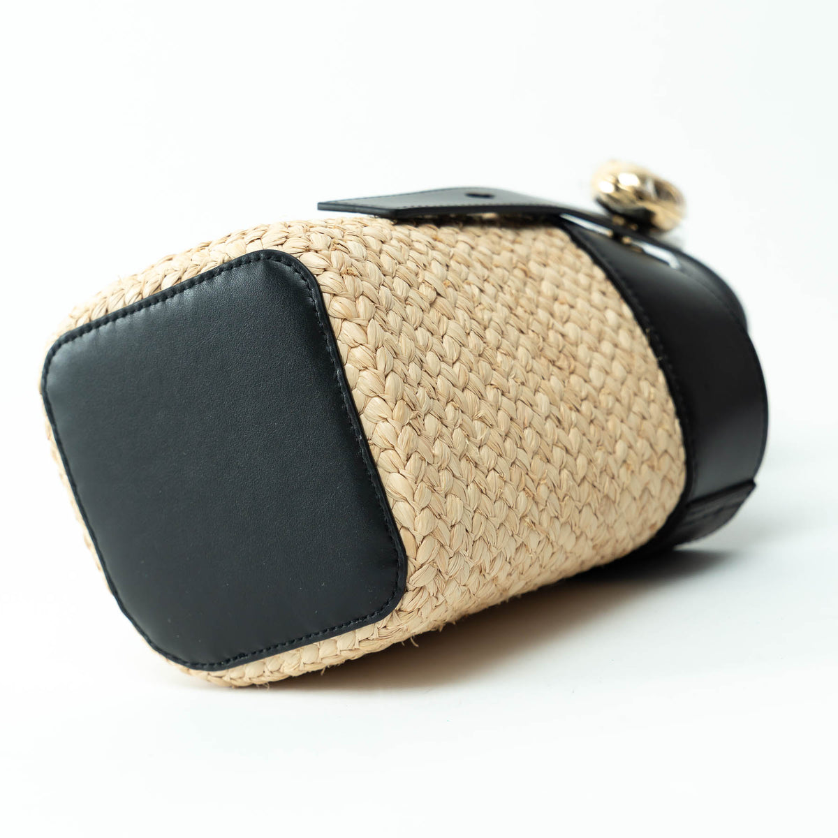 Loewe Raffia and Black Calfskin Leather Mini Pebble Bucket Bag