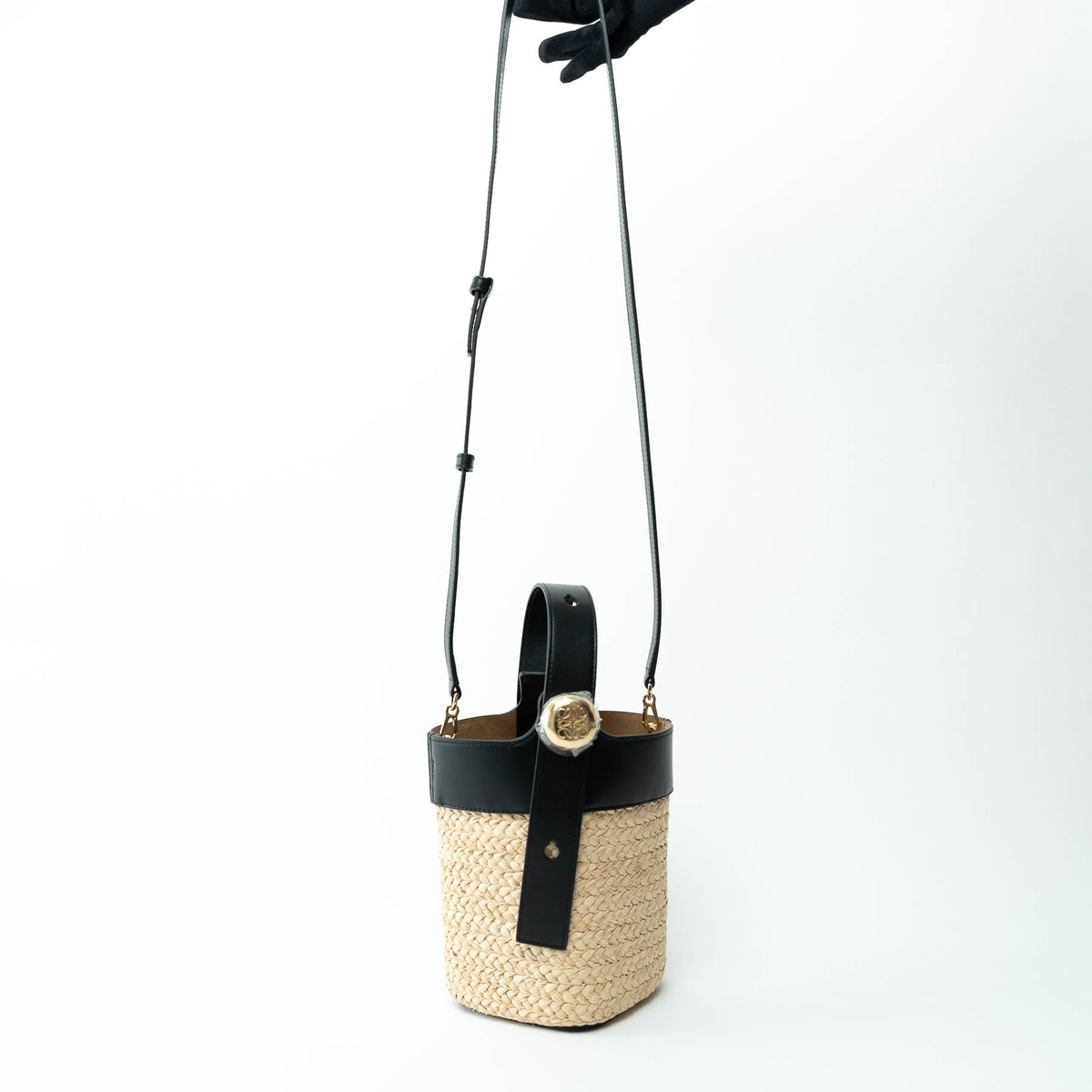 Loewe Raffia and Black Calfskin Leather Mini Pebble Bucket Bag