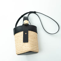 Loewe Raffia and Black Calfskin Leather Mini Pebble Bucket Bag