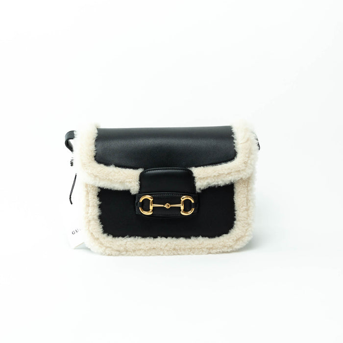 Gucci Black Grained Large Leather Flap Bag with Shearling Trim