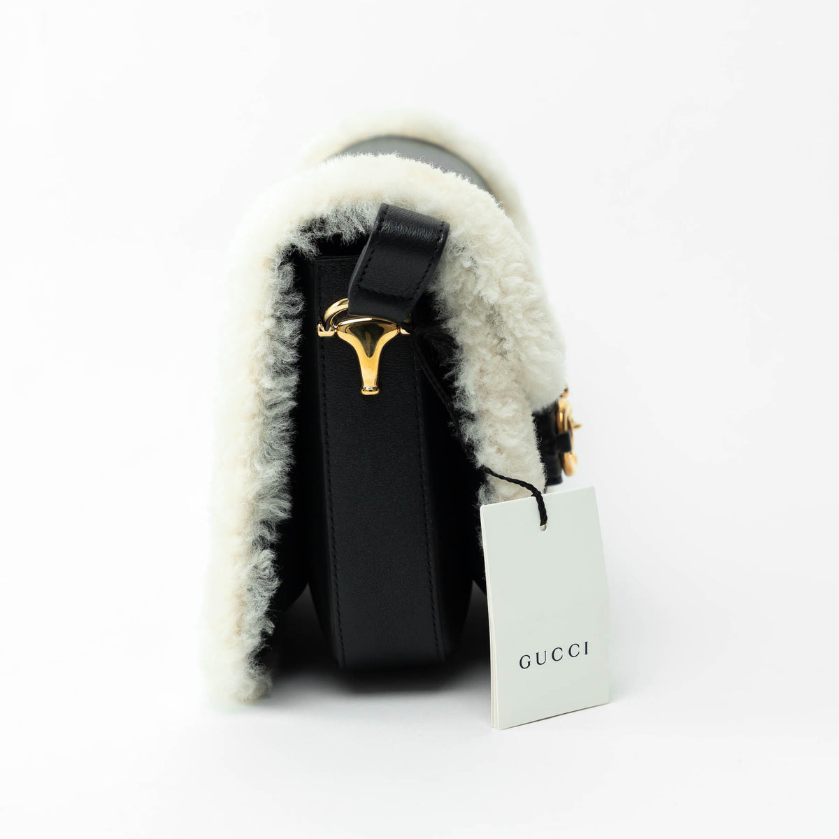 Gucci Black Grained Large Leather Flap Bag with Shearling Trim