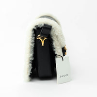 Gucci Black Grained Large Leather Flap Bag with Shearling Trim