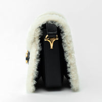 Gucci Black Grained Large Leather Flap Bag with Shearling Trim