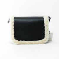 Gucci Black Grained Large Leather Flap Bag with Shearling Trim