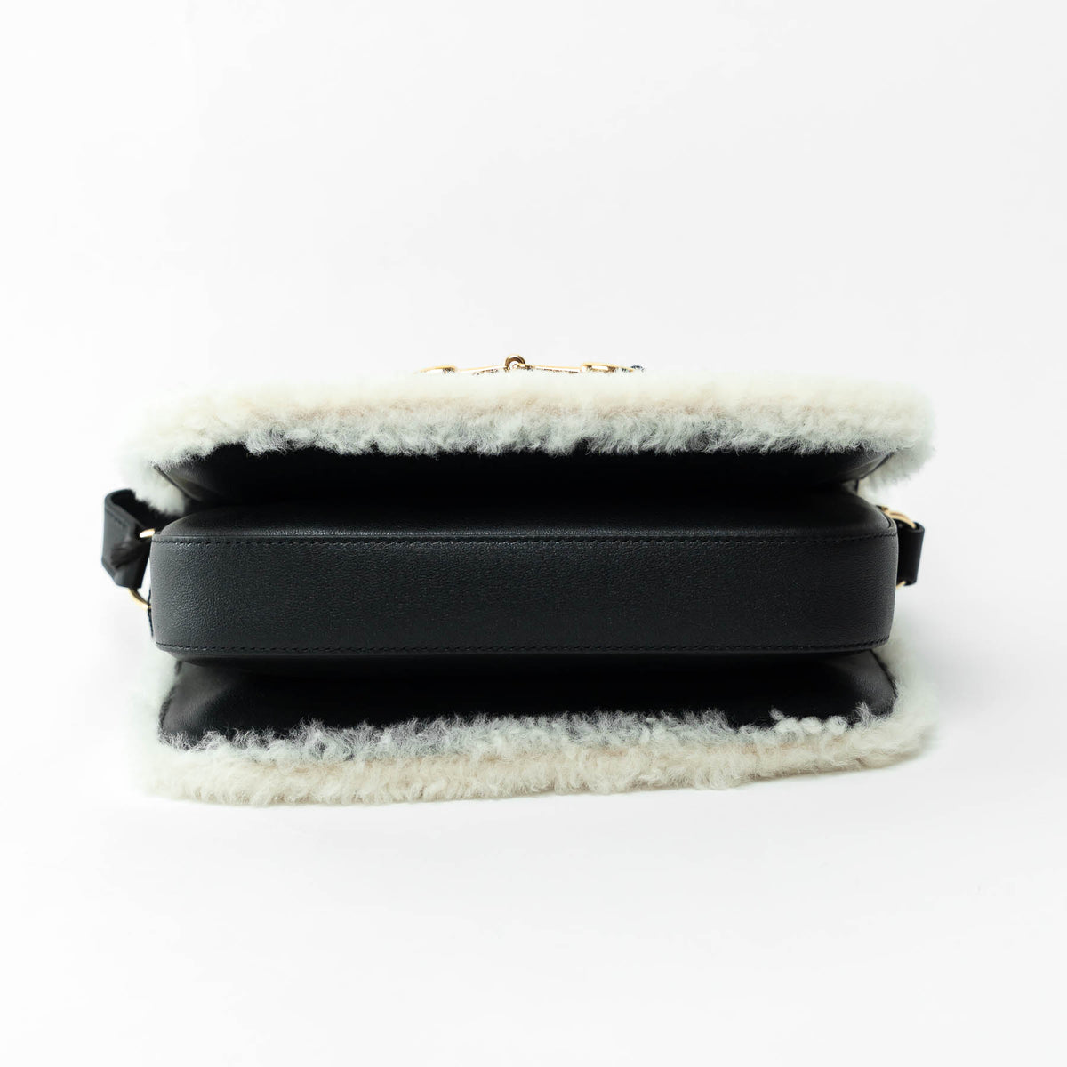 Gucci Black Grained Large Leather Flap Bag with Shearling Trim