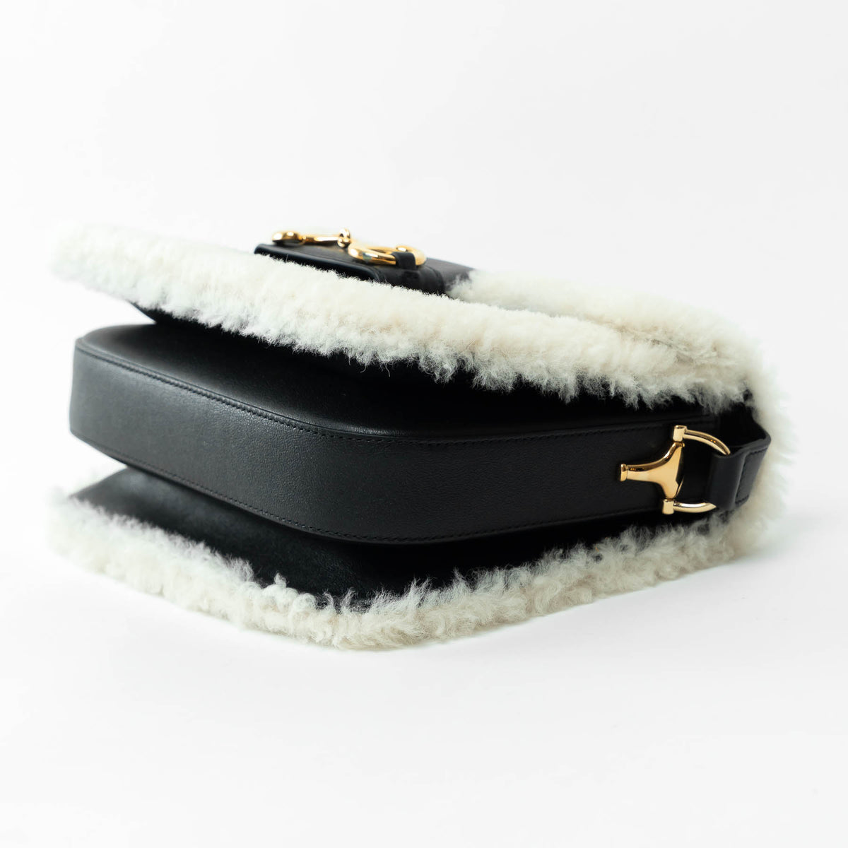 Gucci Black Grained Large Leather Flap Bag with Shearling Trim