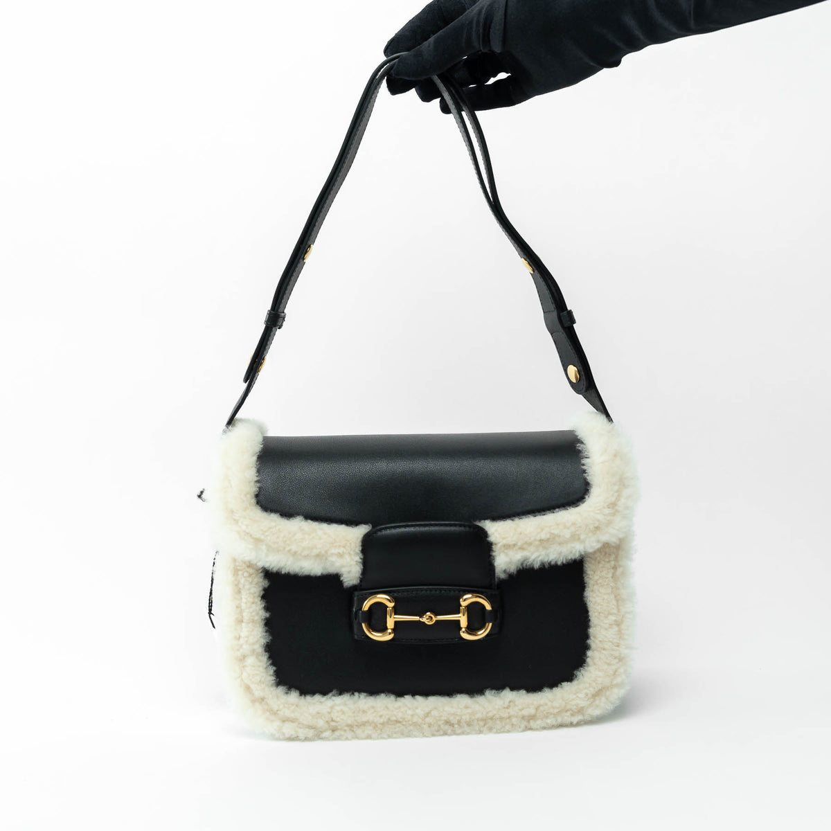 Gucci Black Grained Large Leather Flap Bag with Shearling Trim