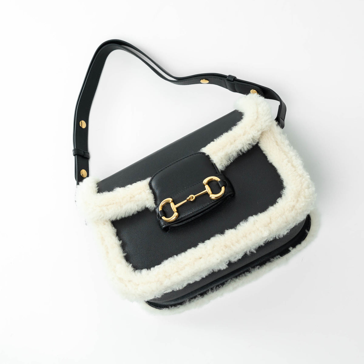 Gucci Black Grained Large Leather Flap Bag with Shearling Trim