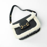 Gucci Black Grained Large Leather Flap Bag with Shearling Trim