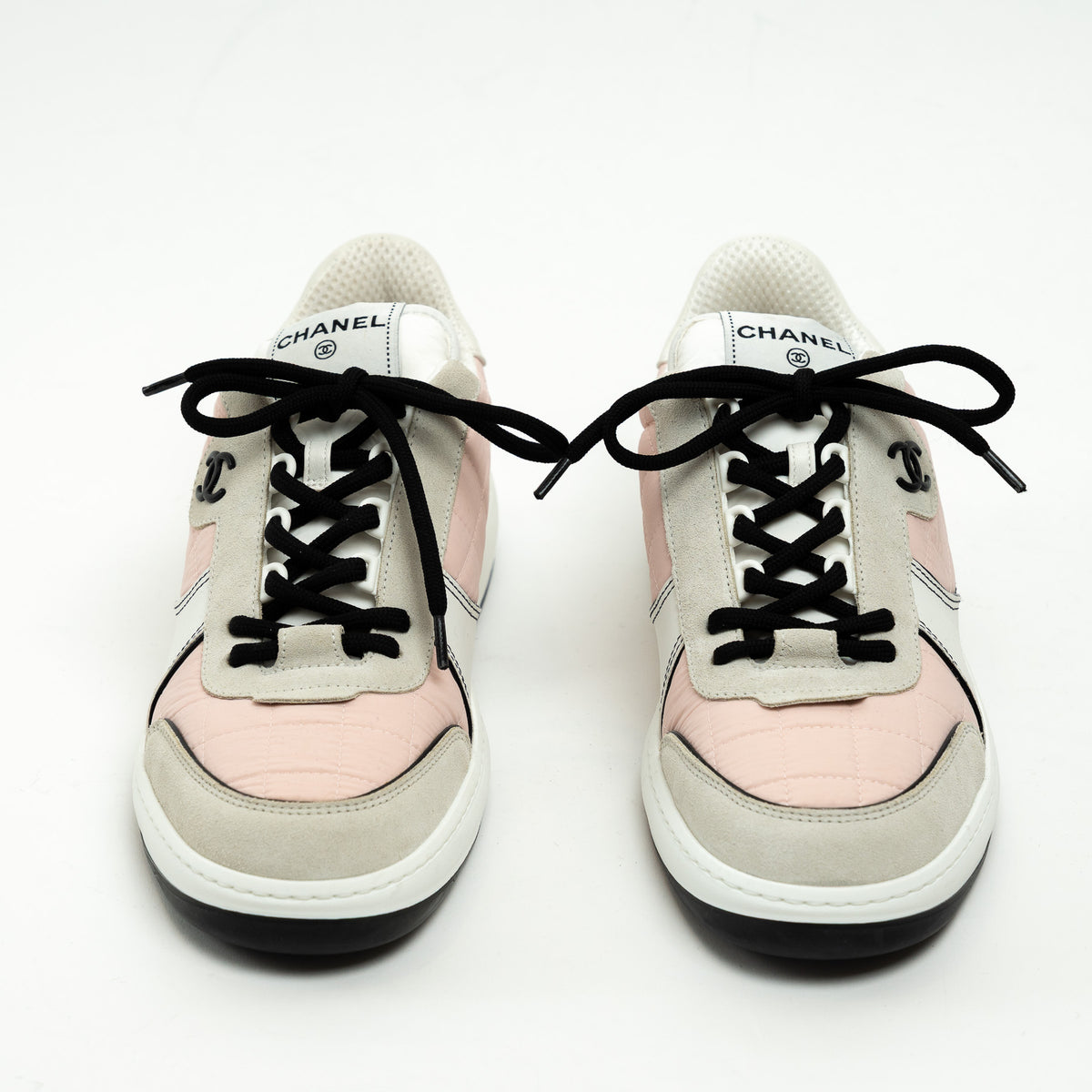 Pre-Loved Chanel ™ Pink Nylon White Leather and Cream Suede Sneakers Size 41
