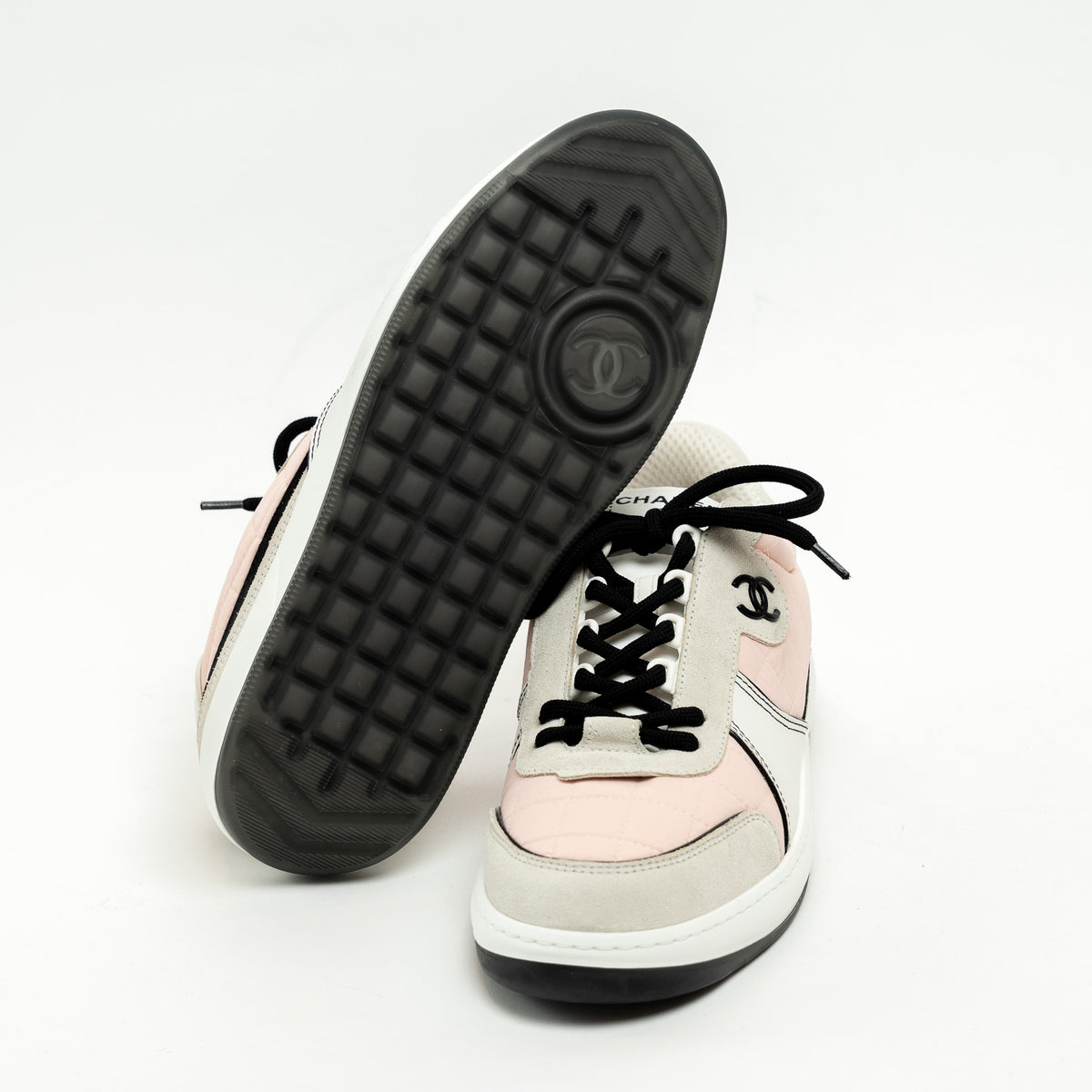 Pre-Loved Chanel ™ Pink Nylon White Leather and Cream Suede Sneakers Size 41