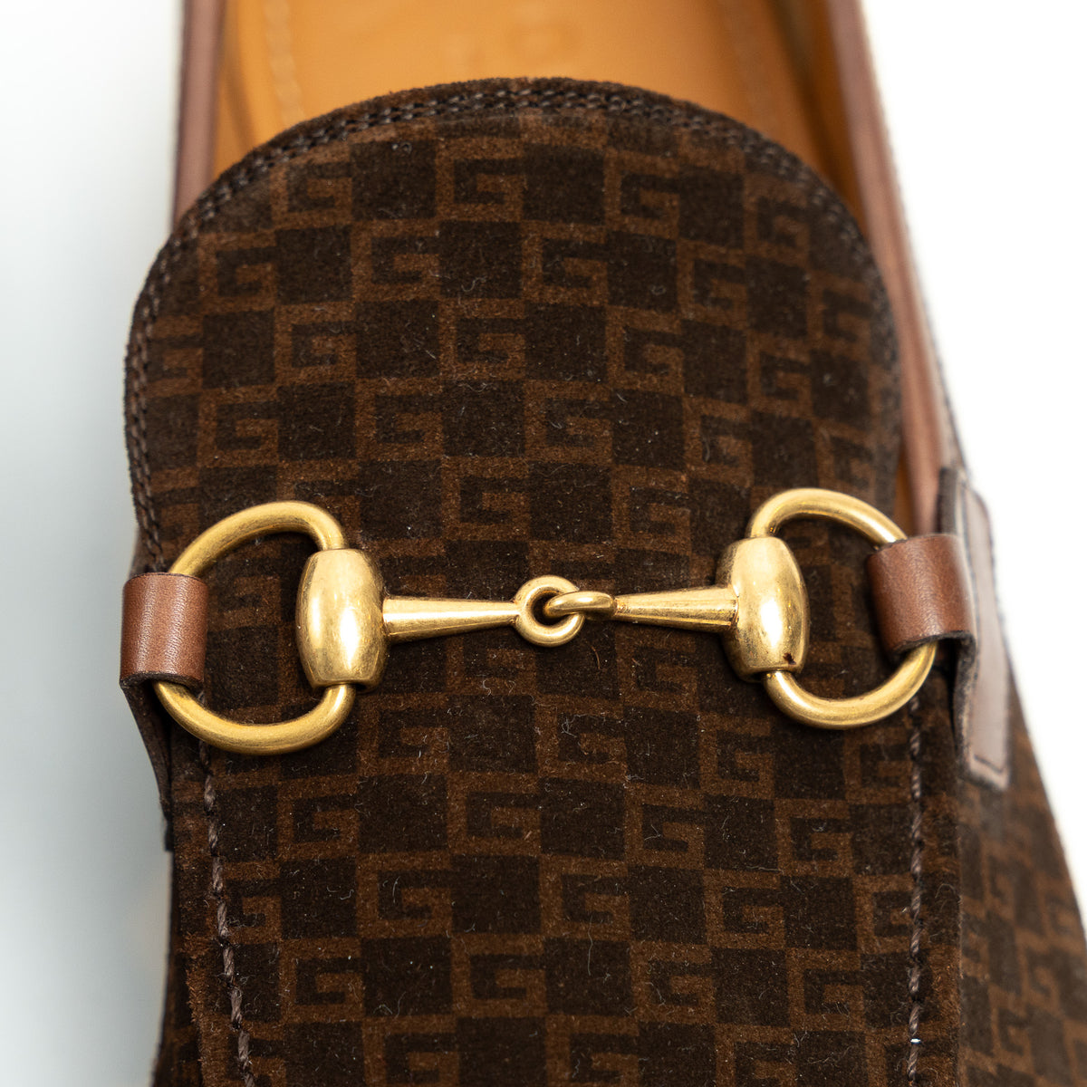 Gucci Men's Brown Monogram Suede Horsebit Loafers Size 8