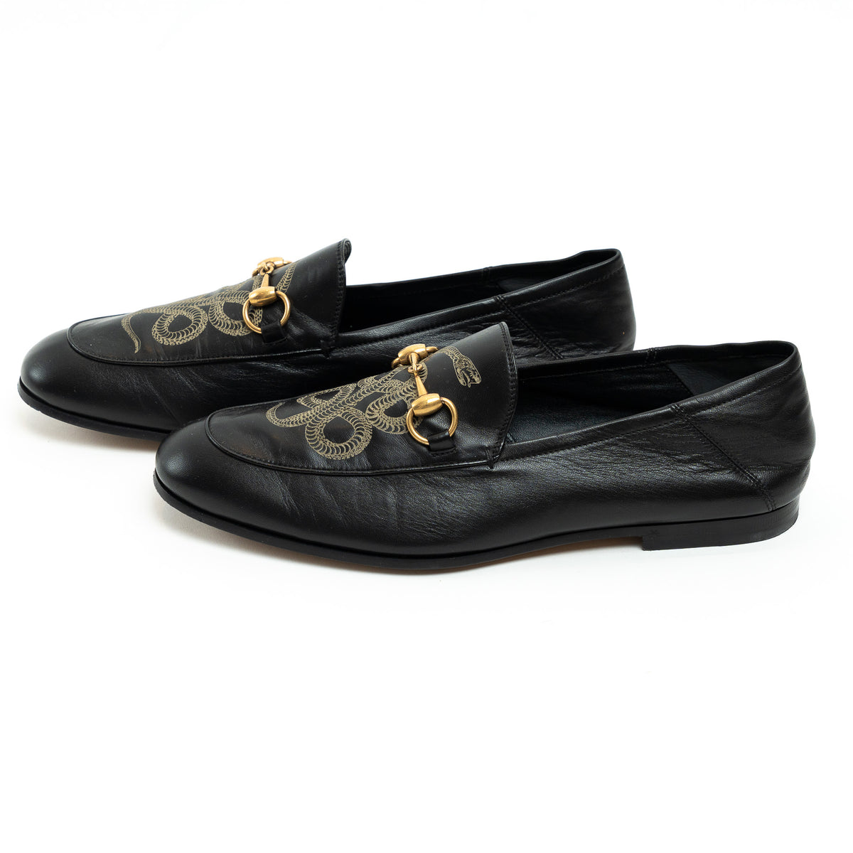 Mens Gucci Black Lambskin Leather Snake Print Horsebit Loafers Size 8