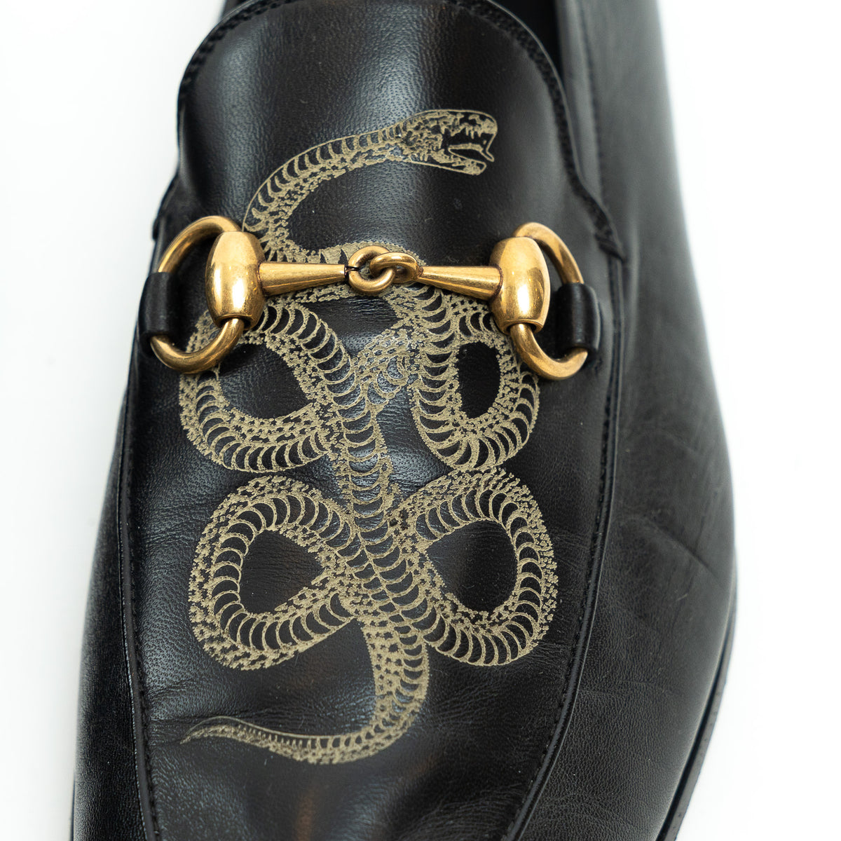 Mens Gucci Black Lambskin Leather Snake Print Horsebit Loafers Size 8