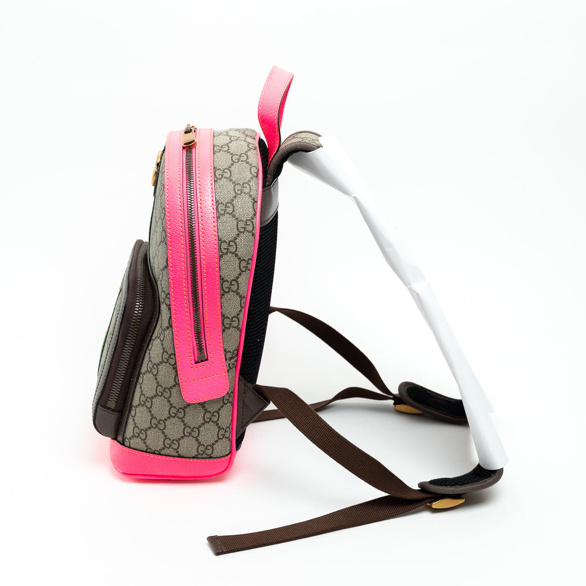 Gucci GG Supreme Monogram Backpack with Pink Leather Trim