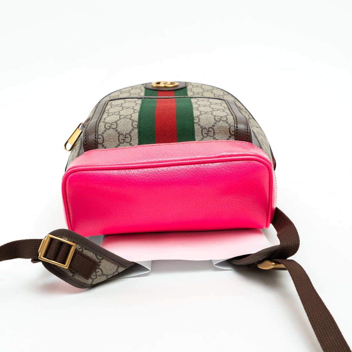 Gucci GG Supreme Monogram Backpack with Pink Leather Trim