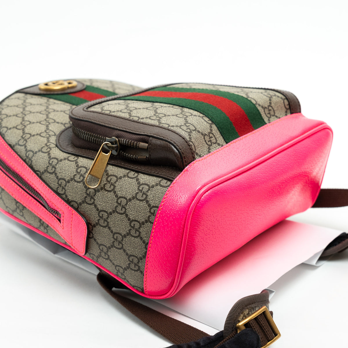Gucci GG Supreme Monogram Backpack with Pink Leather Trim