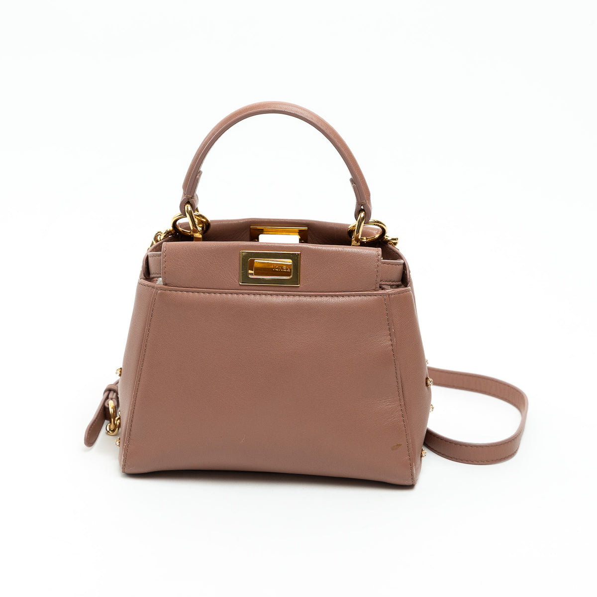 Fendi Tan Grained Leather Crystal Star Studded Micro Peekaboo Handbag