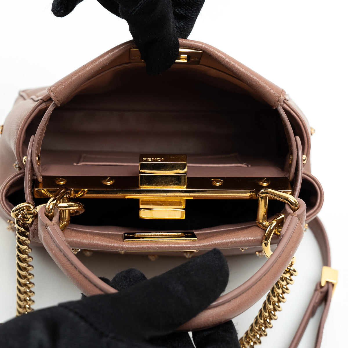 Fendi Tan Grained Leather Crystal Star Studded Micro Peekaboo Handbag