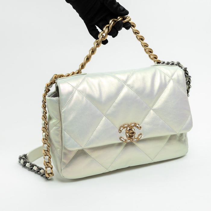 Pre-Loved Chanel ™ Pearlescent White Leather Large Chanel 19 Handbag