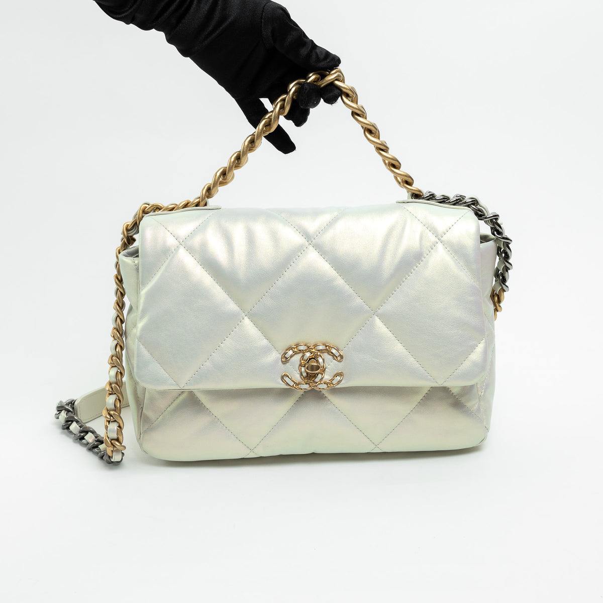 Pre-Loved Chanel ™ Pearlescent White Leather Large Chanel 19 Handbag