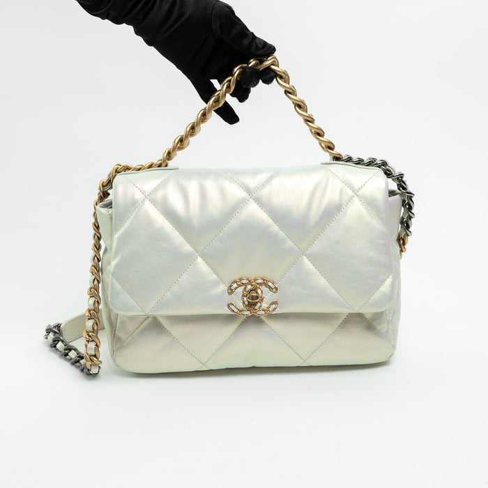 Pre-Loved Chanel ™ Pearlescent White Leather Large Chanel 19 Handbag