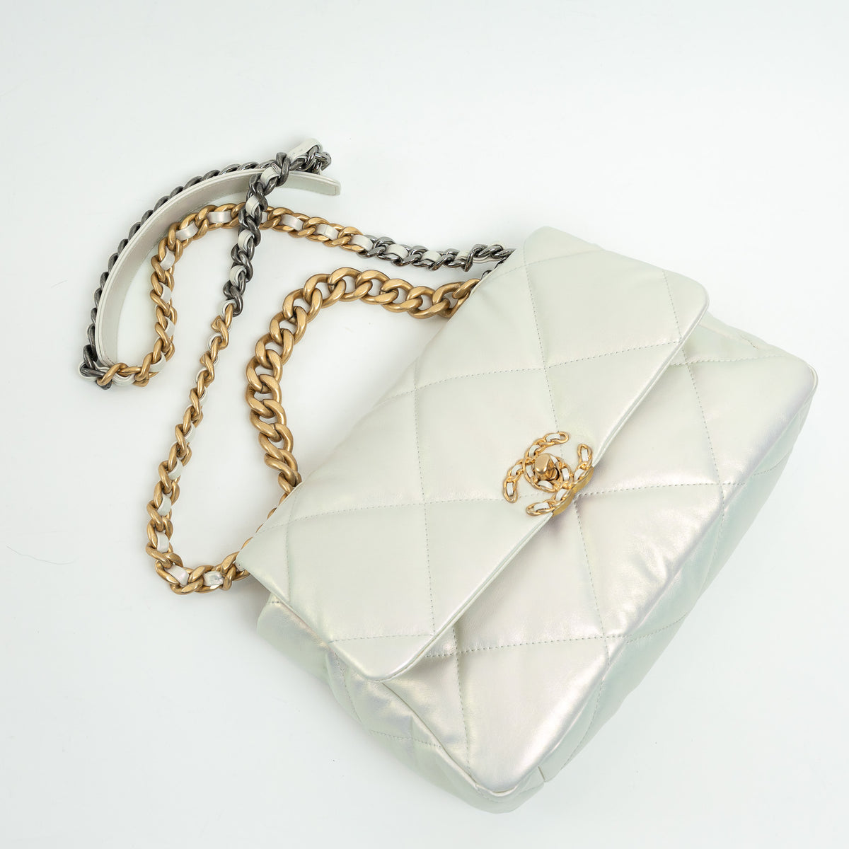 Pre-Loved Chanel ™ Pearlescent White Leather Large Chanel 19 Handbag