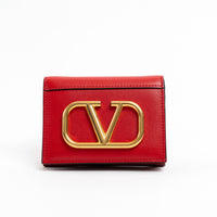 Valentino Red Calfskin Leather V Logo Compact Wallet