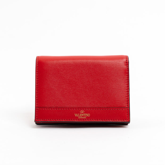 Valentino Red Calfskin Leather V Logo Compact Wallet