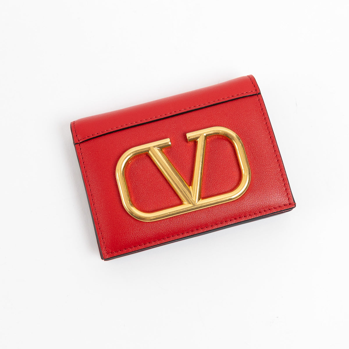 Valentino Red Calfskin Leather V Logo Compact Wallet