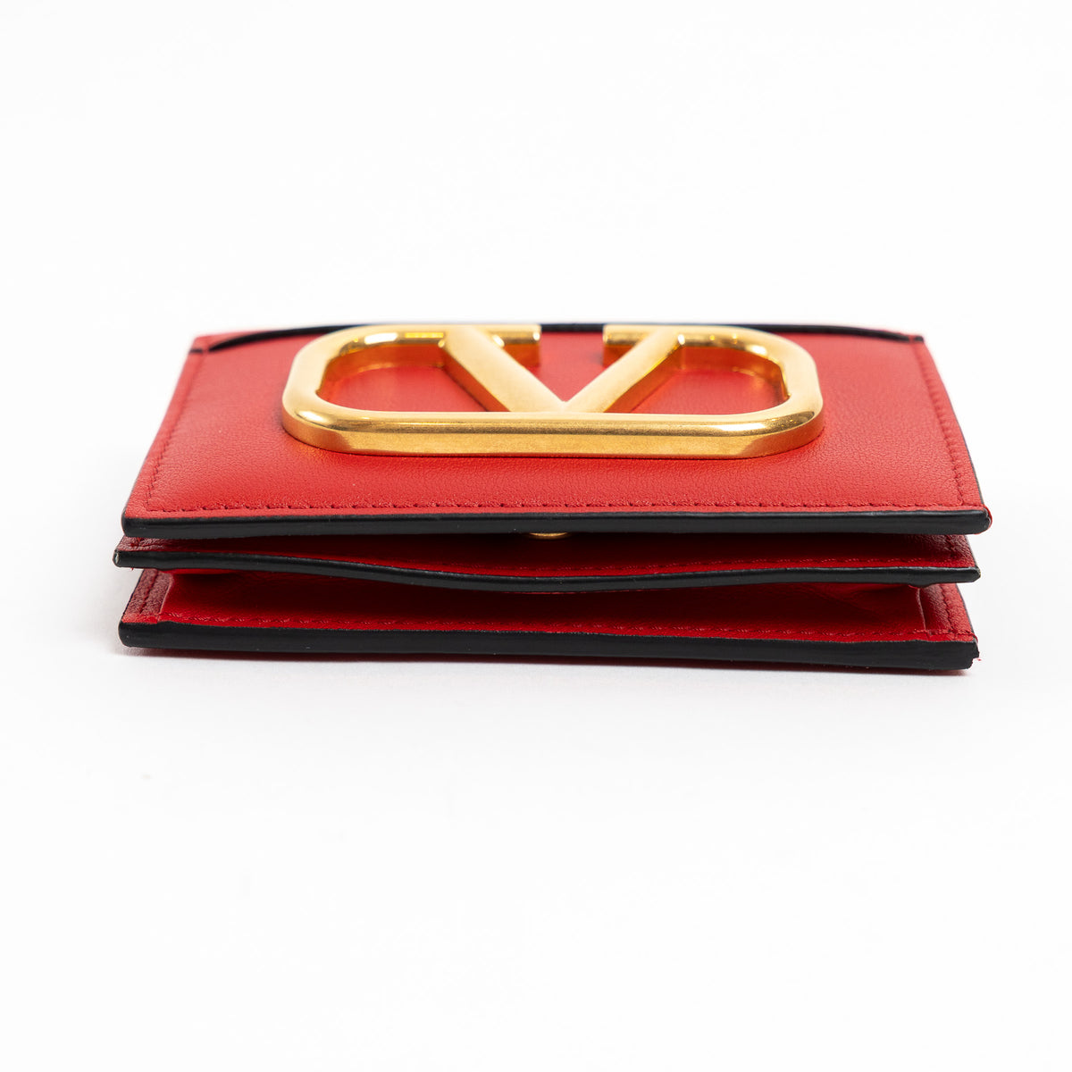 Valentino Red Calfskin Leather V Logo Compact Wallet