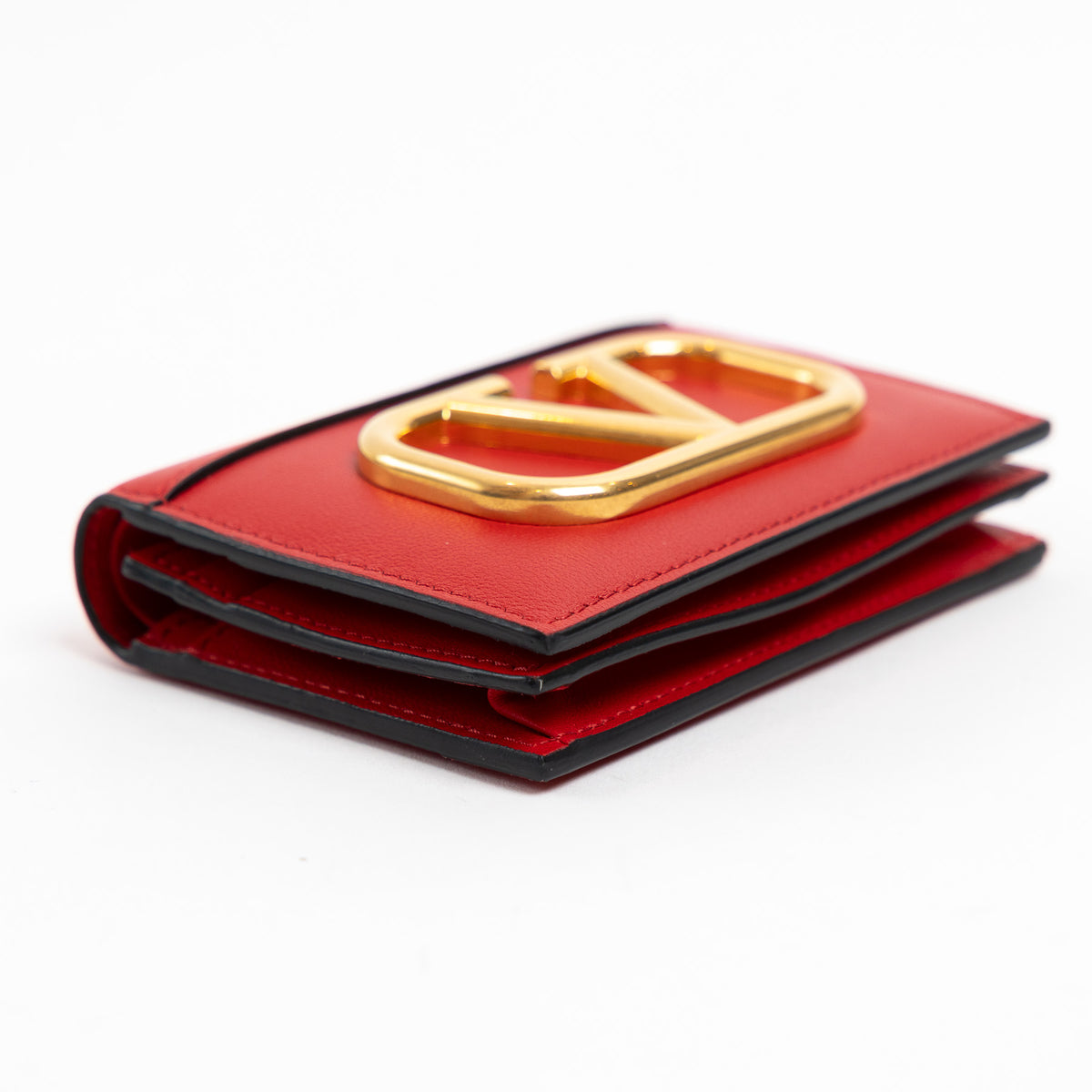 Valentino Red Calfskin Leather V Logo Compact Wallet