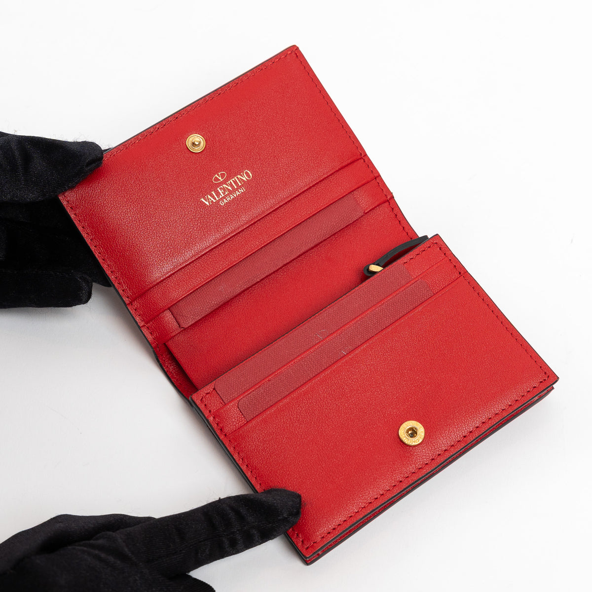 Valentino Red Calfskin Leather V Logo Compact Wallet