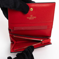 Valentino Red Calfskin Leather V Logo Compact Wallet