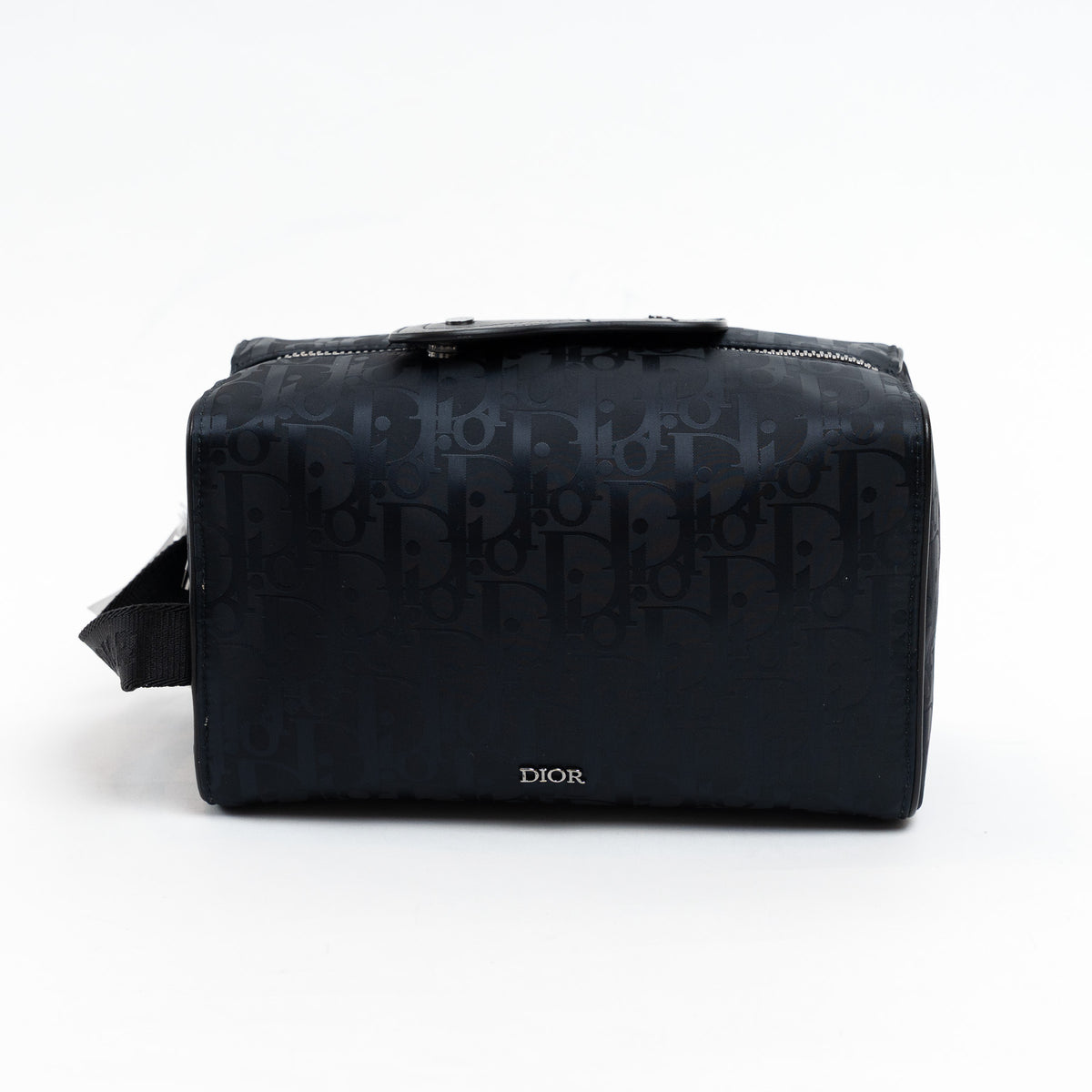 Black Dior bag with logo pattern on a white background