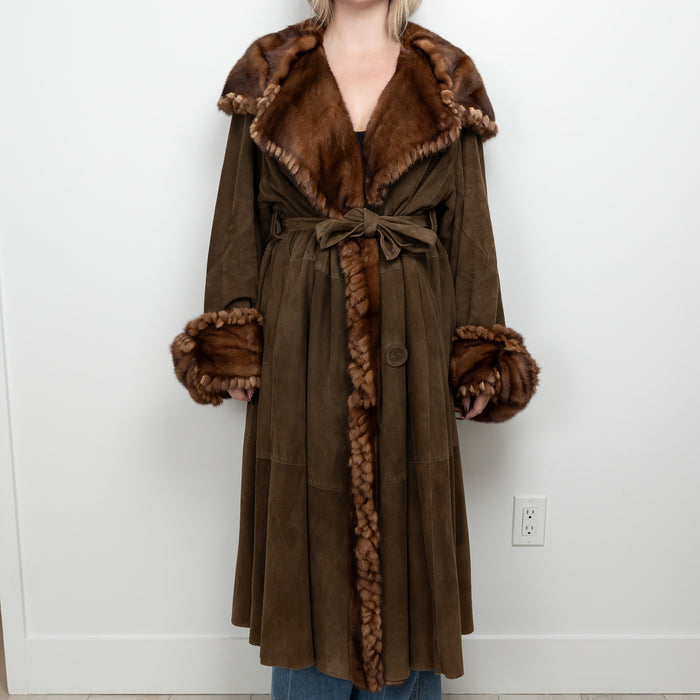 Fendi Vintage Brown Suede Demi Buff Mink Fur Belted Overcoat Size 40