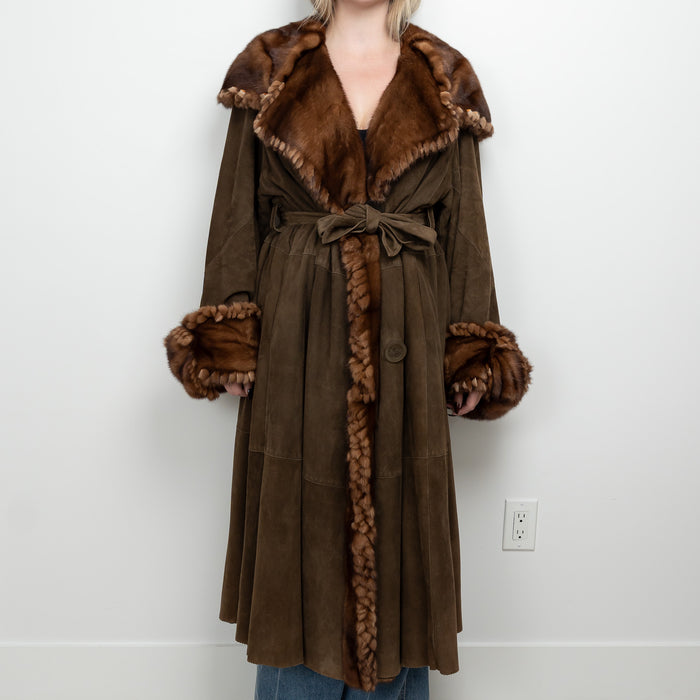 Fendi Vintage Brown Suede Demi Buff Mink Fur Belted Overcoat Size 40