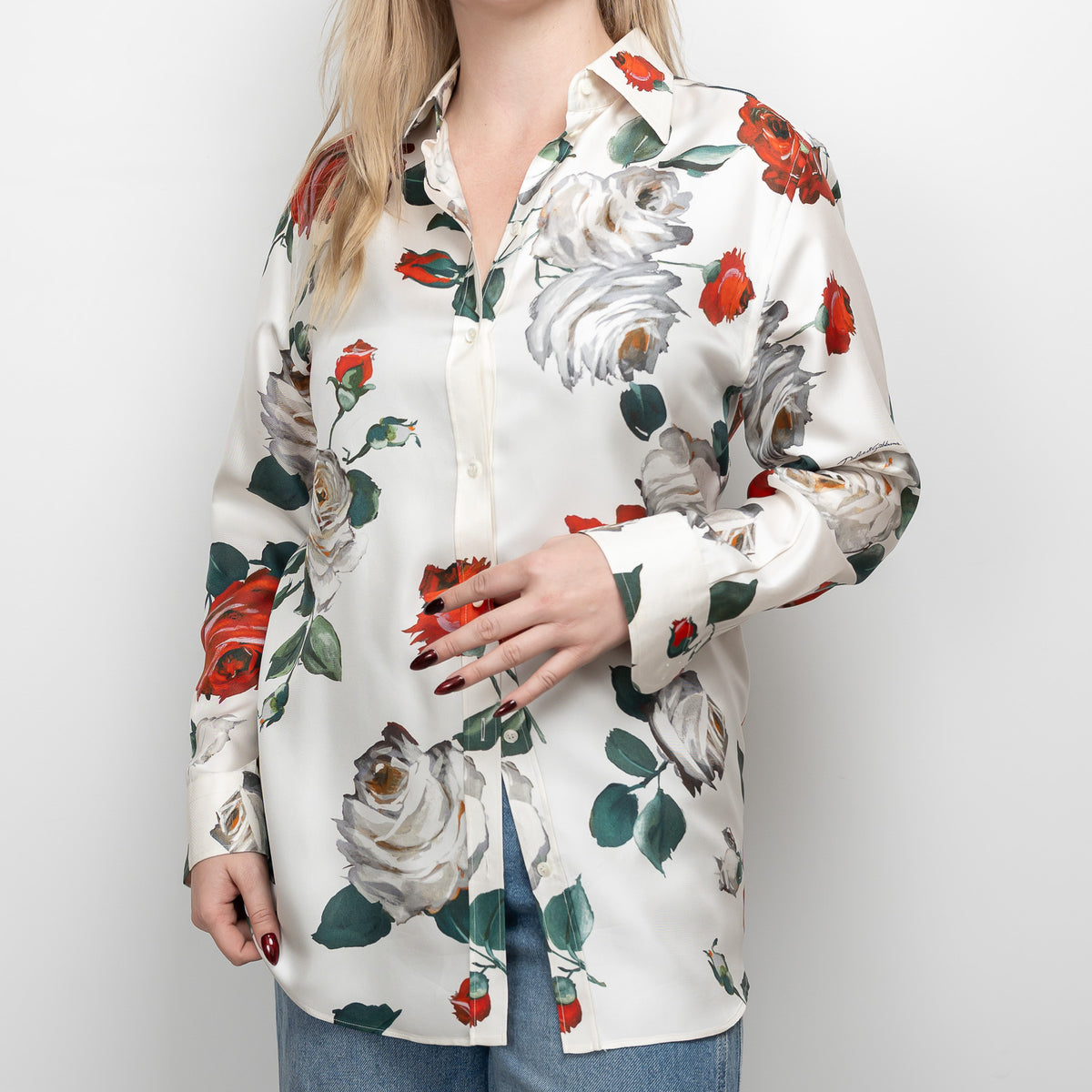 Dolce & Gabbana White Silk Floral Print Button Up Size 44