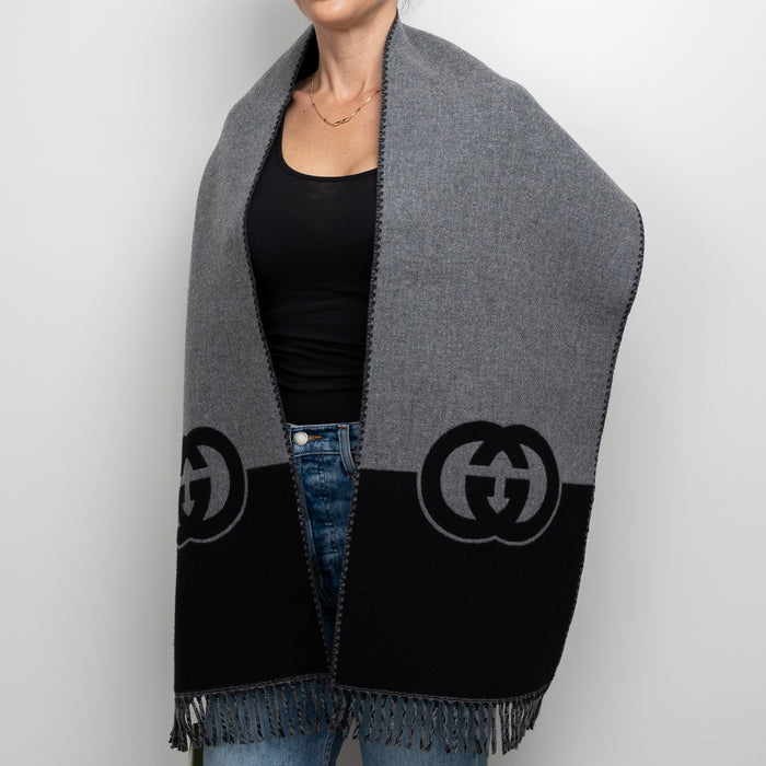 Gucci Grey and Black Wool Cashmere GG Scarf