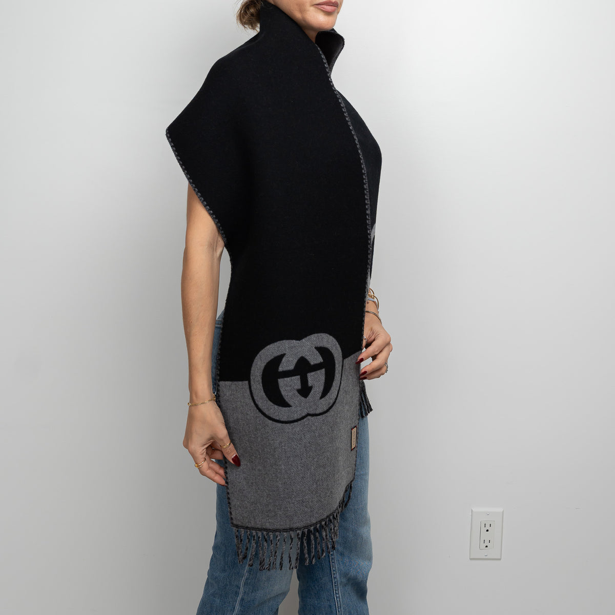 Gucci Grey and Black Wool Cashmere GG Scarf