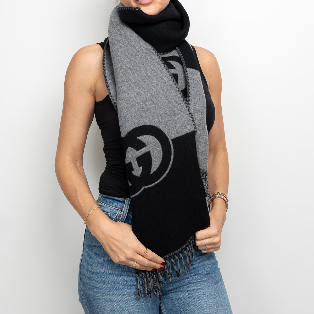 Gucci Grey and Black Wool Cashmere GG Scarf