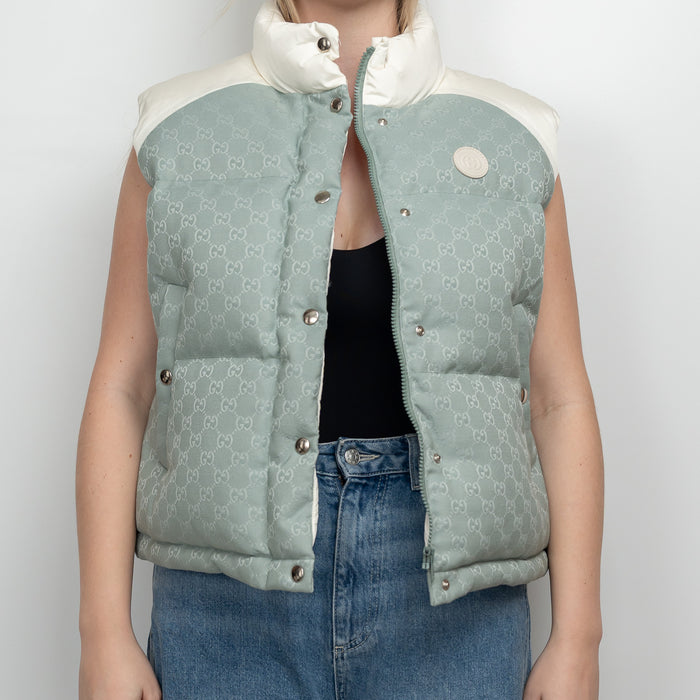 Gucci White Nylon and Blue GG Canvas Puffer Down Vest Size 42