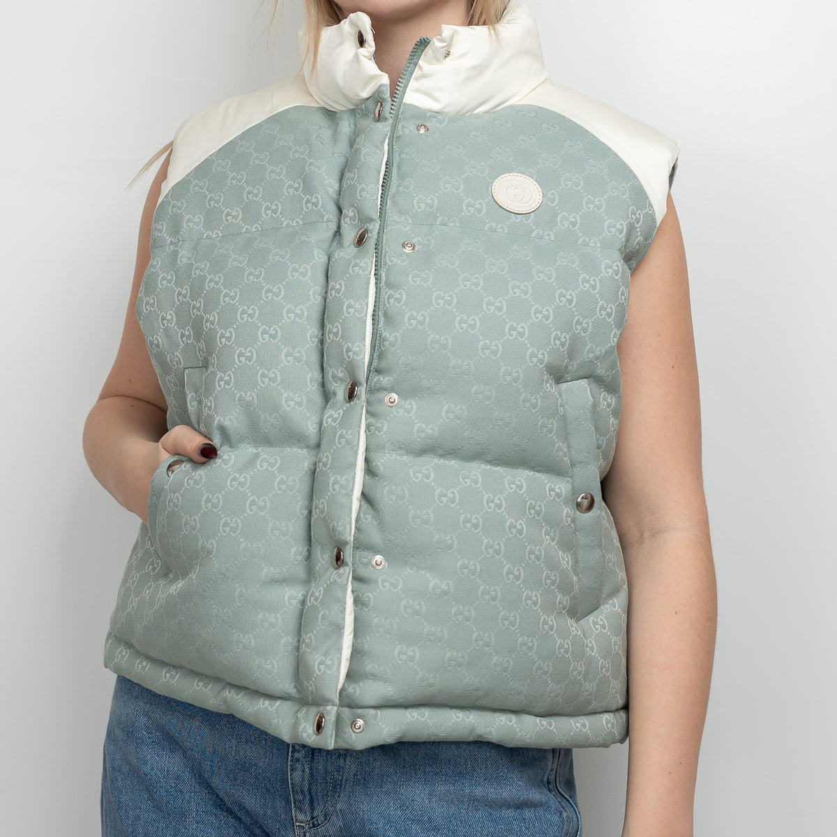 Gucci White Nylon and Blue GG Canvas Puffer Down Vest Size 42