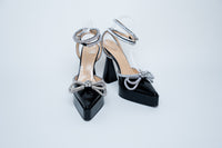 Mach & Mach Black Patent Heels with Crystal Embellished Bow and Ankle Strap Size 40