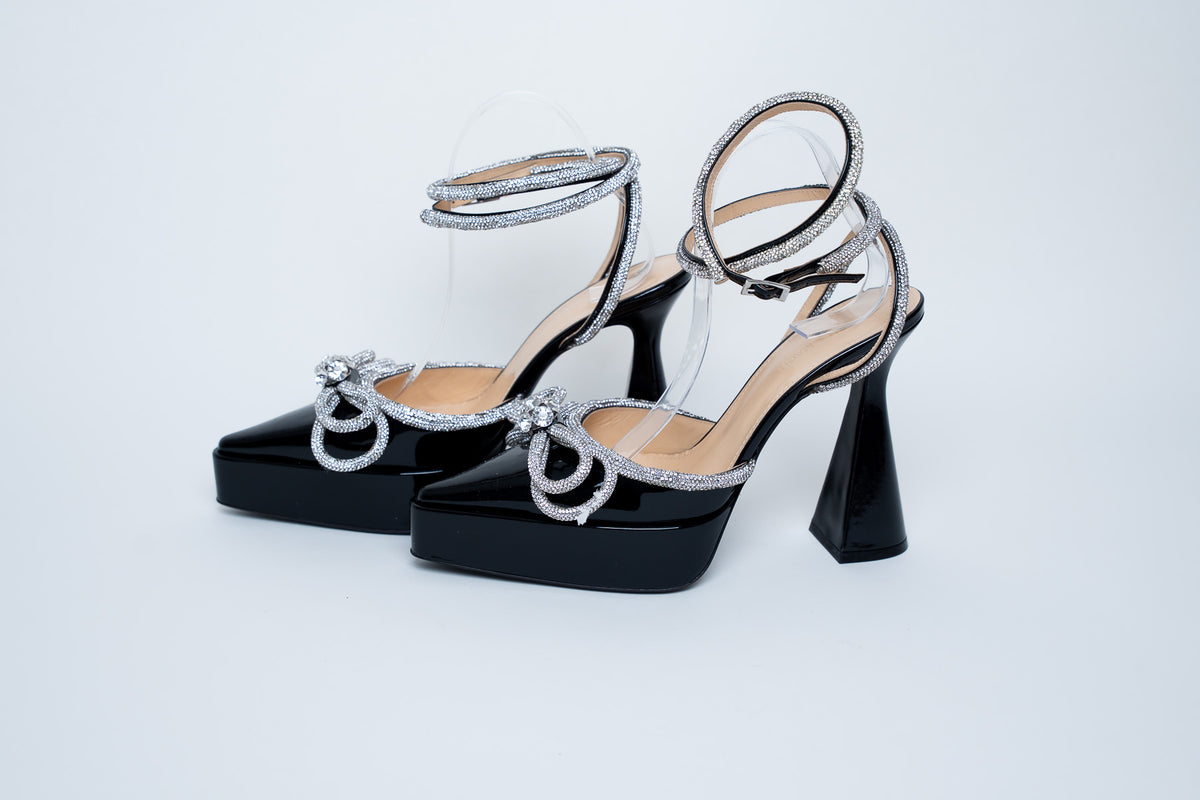 Mach & Mach Black Patent Heels with Crystal Embellished Bow and Ankle Strap Size 40