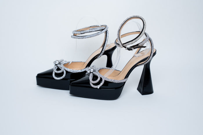 Mach & Mach Black Patent Heels with Crystal Embellished Bow and Ankle Strap Size 40