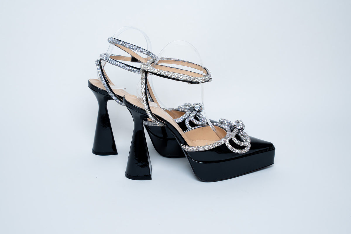 Mach & Mach Black Patent Heels with Crystal Embellished Bow and Ankle Strap Size 40